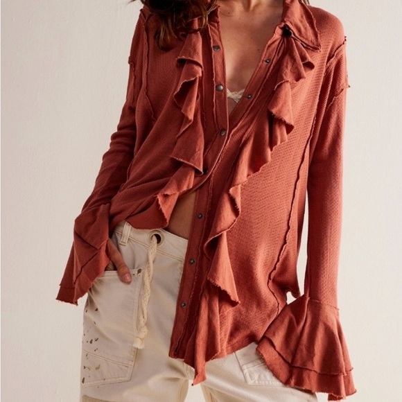 Free People Warmstone Top Feelin’ Fresh Long Sleeve 100% Cotton Size Medium
